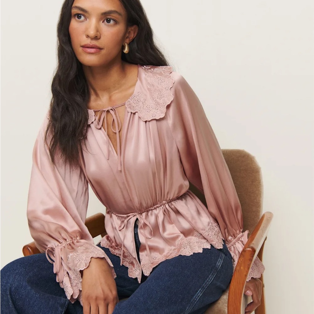 Reformation Silk Lillie Top with Lace Trim